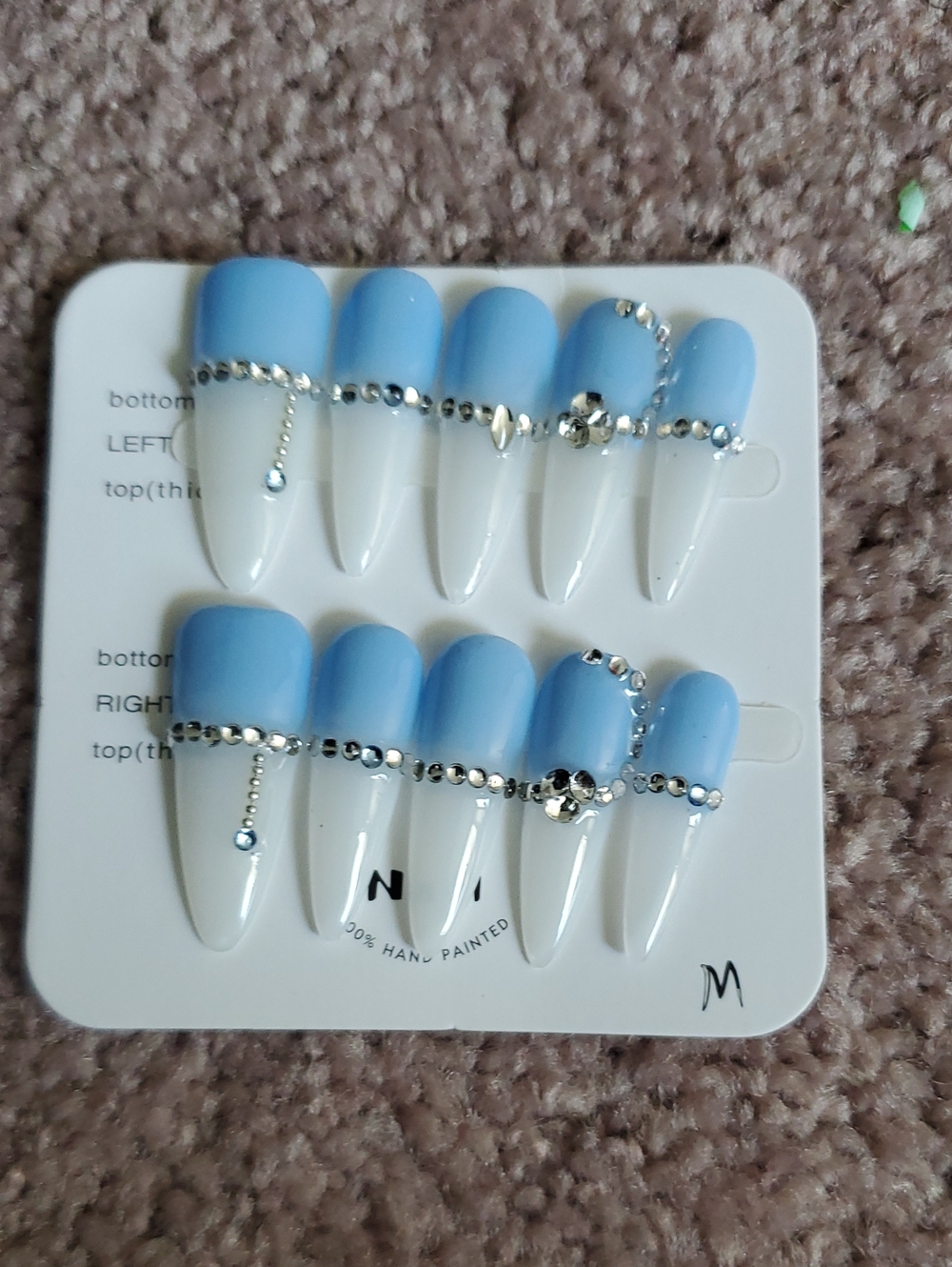Elegant Blue Ombre Crystal Accent Press-On Nails